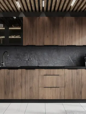 Akce Kuchyňská linka MONZA o 265 cm PREMIUM BOX zásuvky UNI dvířka černá/ořech okapi