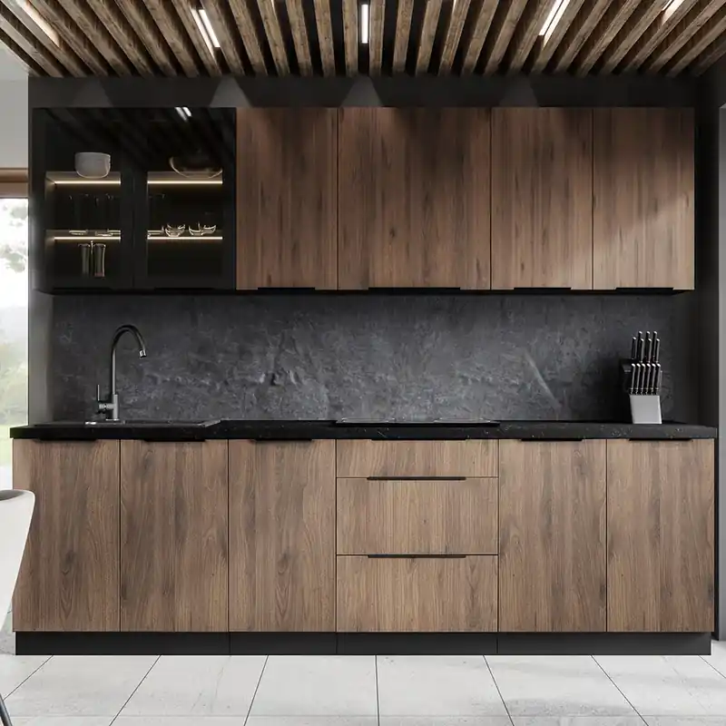 Akce Kuchyňská linka MONZA o 265 cm PREMIUM BOX zásuvky UNI dvířka černá/ořech okapi