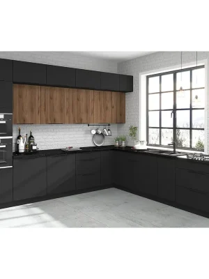 Speciální Cena Kuchyňská linka SIENA b 330x300 cm UNI dvířka PREMIUM BOX černá/ořech okapi