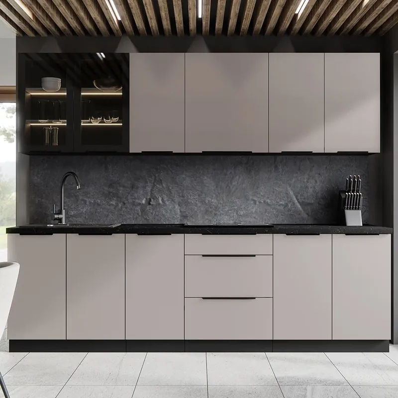 Aktuální Kuchyňská linka ARONA 265 cm PREMIUM BOX zásuvky UNI dvířka černá/kašmír