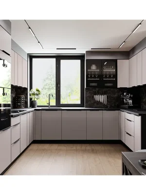 Akční Nabídka Kuchyňská linka ARONA 340x325x205 cm PREMIUM BOX zásuvky UNI dvířka černá/kašmír