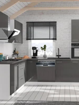 Tovární Cena Kuchyňská linka LARA gr 210x260 cm UNI provedení VÝBĚR TYPU ZÁSUVEK šedá lesk