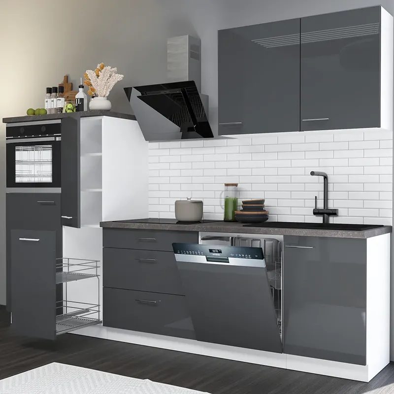 Akce Kuchyňská linka LARA gr 280 cm UNI provedení VÝBĚR TYPU ZÁSUVEK šedá lesk