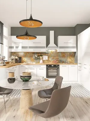 Akční Nabídka Kuchyňská linka CREATIVA 190x330 cm + 140 cm VÝBĚR KORPUSU a KOVÁNÍ bílá lesk