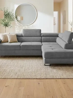 Sedací souprava GREIZ 275x203 cm pravá rozkládací + úložný prostor lincol 85D šedá 3D manšestr Sezónní Sleva