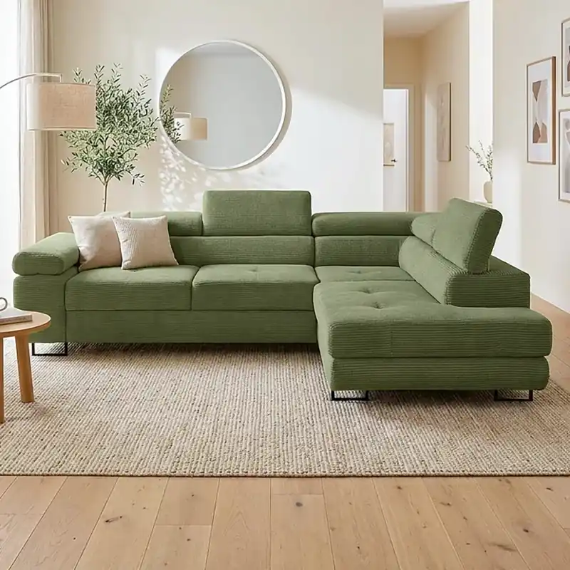 Cenový Hit Sedací souprava GREIZ 275x203 cm pravá rozkládací + úložný prostor lincol 37D olivová zelená 3D manšestr