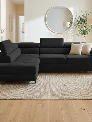 Sedací souprava GREIZ 203x275 cm levá rozkládací + úložný prostor lincol 100D černá 3D manšestr Výhodná Nabídka