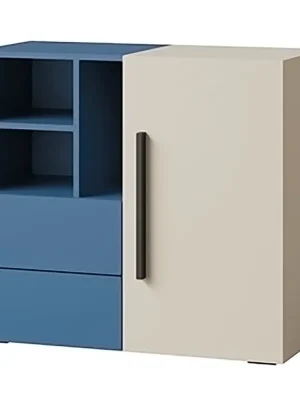 Sleva LORIN mo komoda 8 90 cm s policemi, zásuvkami a dvířky PUSH OPEN kašmír/modrá