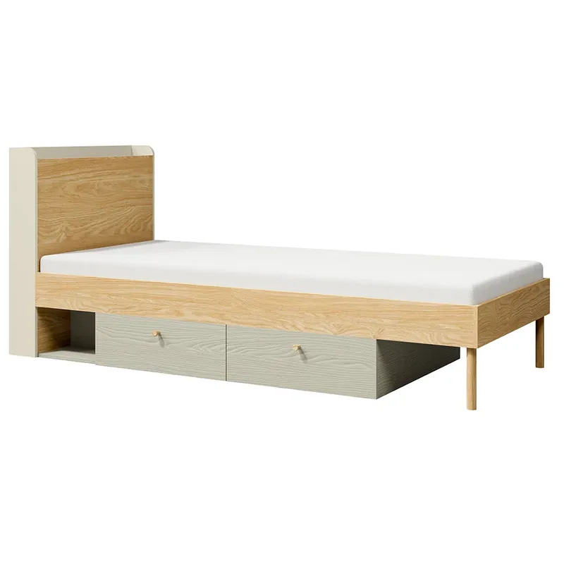 YUKI b postel jednolůžko 13 90x200 cm včetně roštu + 2 zásuvky UNI provedení bežovošedá/dub/eukalyptová zelená Kup Teď