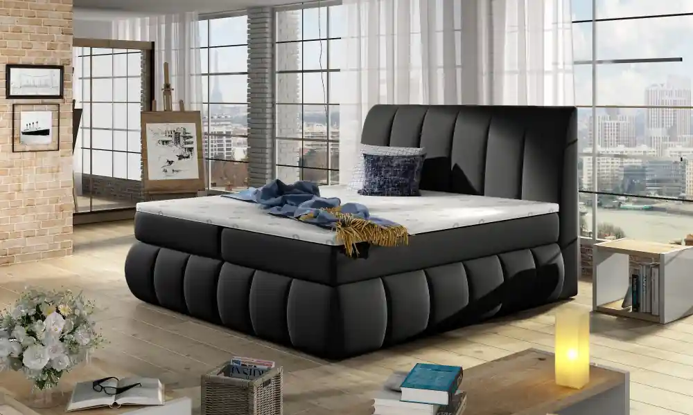 Akční Nabídka Kontinentální postel Boxspring RAVIOLI černá ekokůže - Vyberte rozměry 160 x 200 cm