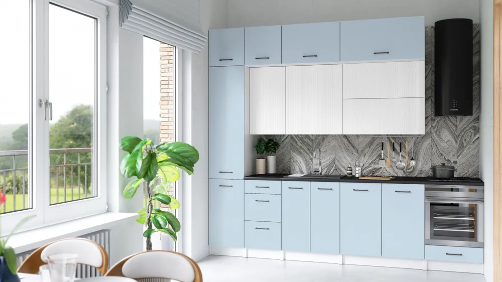Zlevněný Kuchyňská linka DAFNI 280 cm Bílá + denim
