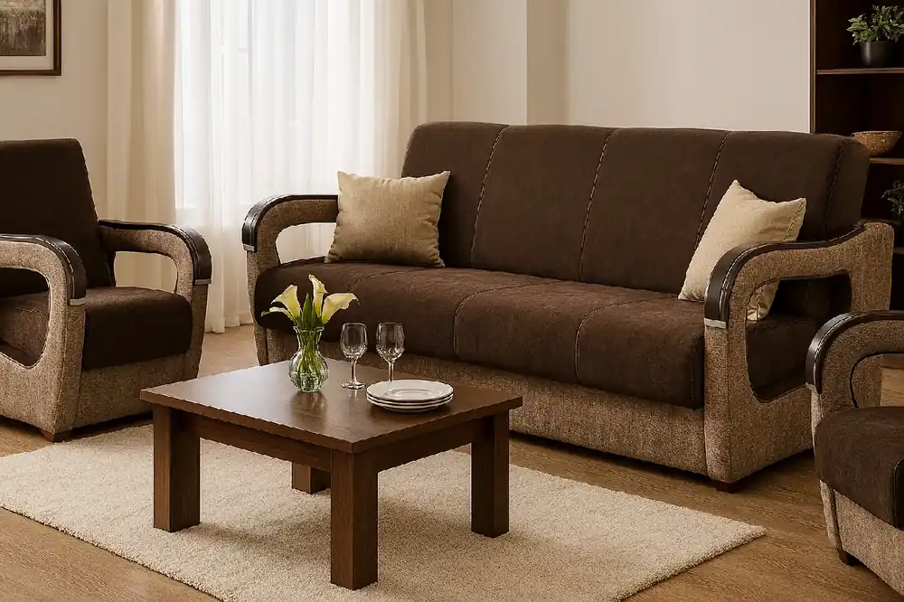 Sedací souprava Vanya 3f+1+1 Vogue 6/3 hnědo béžová se dřevem Ověřený