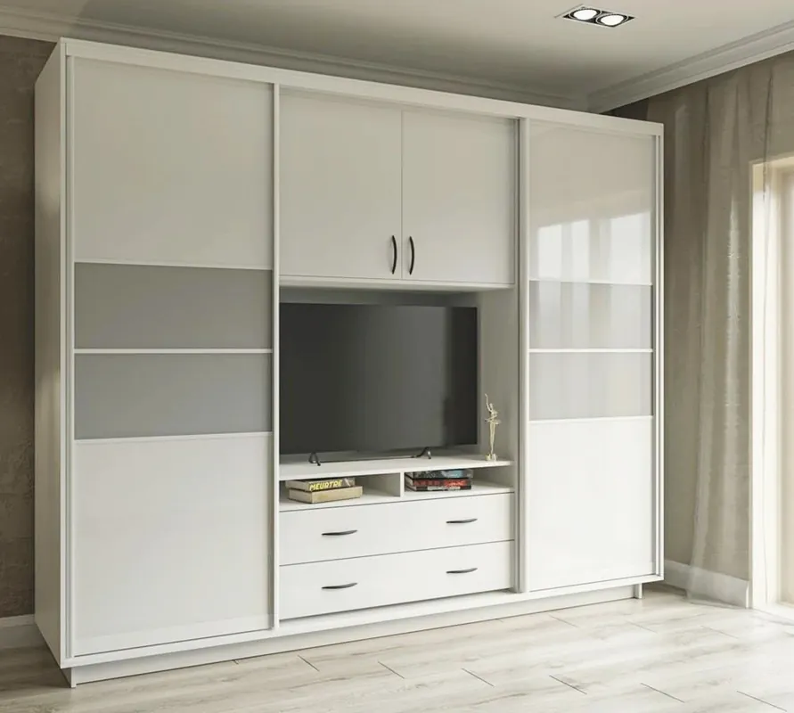 Šatní skříň VERSAL 270 × 220 cm bílá/šedá/bílý lesk Vysoce Kvalitní